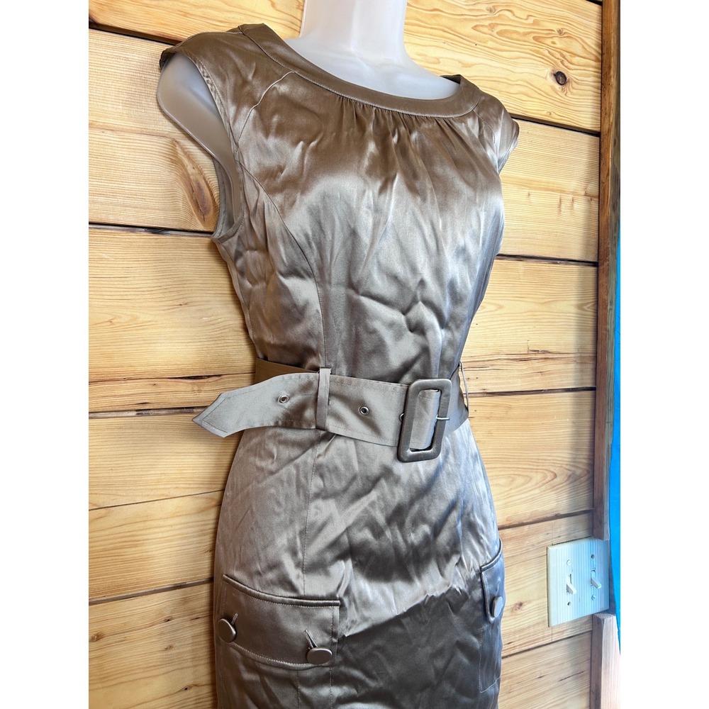 Marciano Silk Blend Belted Sheath Dress Taupe Champagne Mini Size 10 - Picture 3 of 11